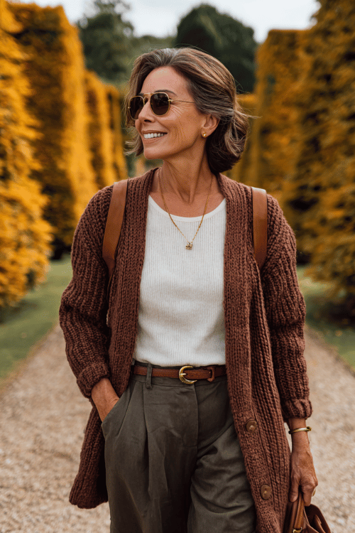A chunky rust cardigan layered over a cream knit top creates a warm and effortless outfit that feels perfect for casual travel or relaxed weekend walks 