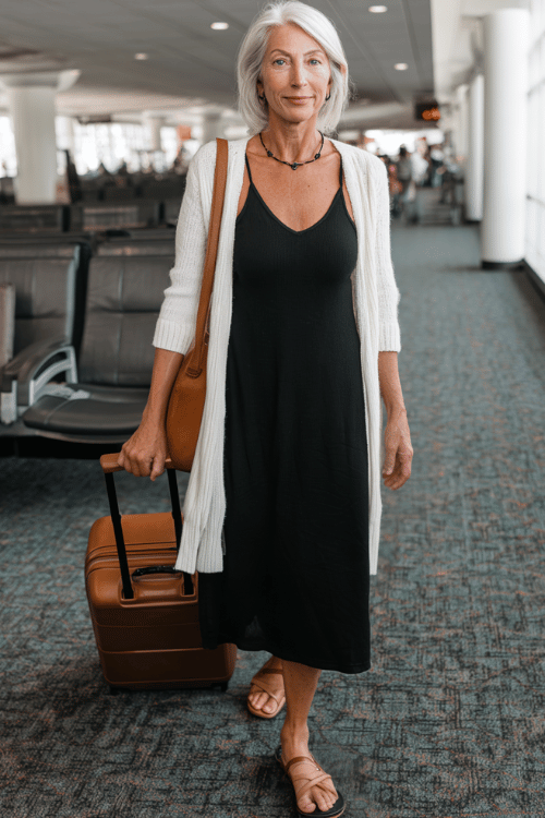 A classy woman over 50 wearing a black sleeveless midi dress layered with a lightweight white cardigan, comfortable flat sandals, and a tan leather crossbody bag while pulling luggage