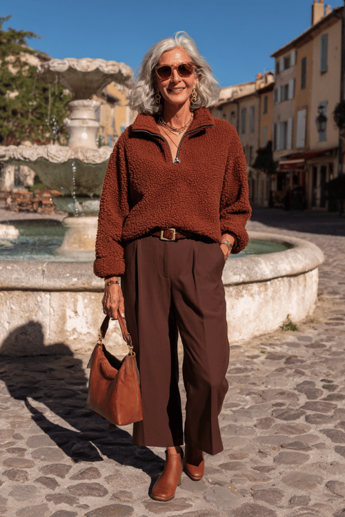 A cozy brown sherpa pullover with cropped trousers creates a warm and stylish outfit that feels perfect for relaxed travel days or casual city walks