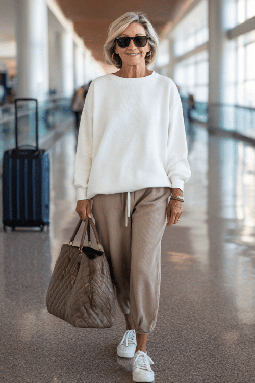 A fashionable woman over 50 wearing a soft white oversized sweatshirt with relaxed taupe jogger pants, comfortable white sneakers, oversized sunglasses