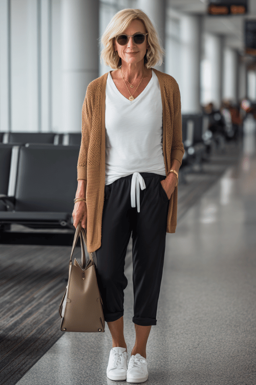 A fashionable woman over 50 wearing a white fitted t-shirt layered under a lightweight camel cardigan with black stretchy ankle pants, white slip-on sneakers
