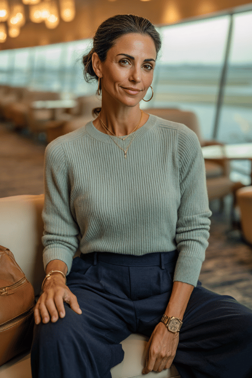 A fitted knit sweater with tailored navy trousers creates a timeless airport outfit that feels both comfortable and refined