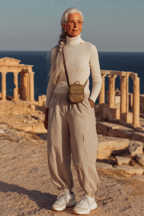 A monochrome cream travel outfit with a soft turtleneck sweater and wide-leg linen pants creates a clean and elevated look for sightseeing days 