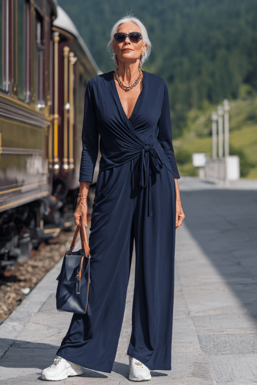 A navy wrap jumpsuit like this makes travel outfits feel effortless while still looking elegant and put together 