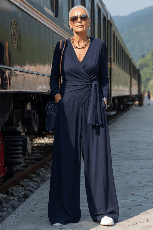 A navy wrap jumpsuit like this makes travel outfits feel effortless while still looking elegant and put together