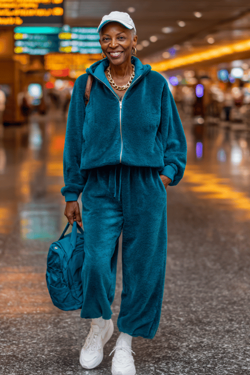A plush teal lounge set like this is perfect for cozy airport outfits that still feel fun and stylish. White sneakers, layered gold jewelry, (2)