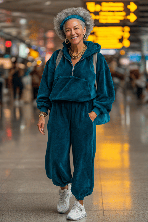 A plush teal lounge set like this is perfect for cozy airport outfits that still feel fun and stylish. White sneakers, layered gold jewelry