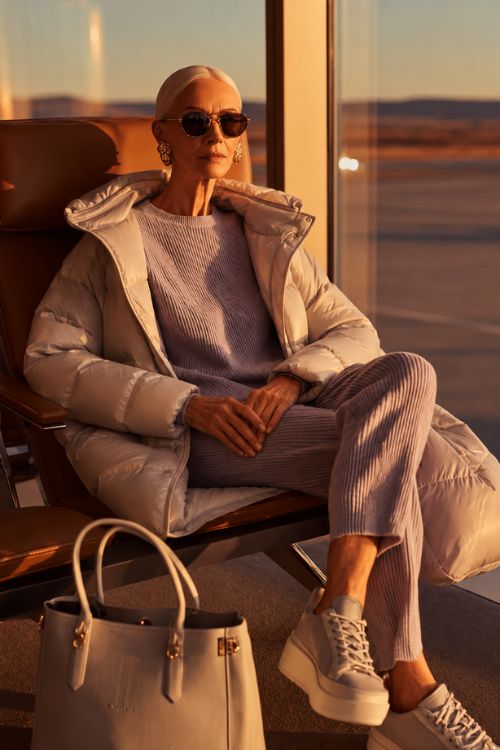 A soft knit lounge set paired with a long puffer coat creates the perfect cozy airport outfit for colder travel days