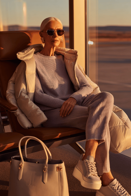 A soft knit lounge set paired with a long puffer coat creates the perfect cozy airport outfit for colder travel days