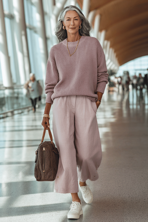 A soft pink sweater with relaxed wide-leg pants creates the perfect balance between cozy and polished for long travel days