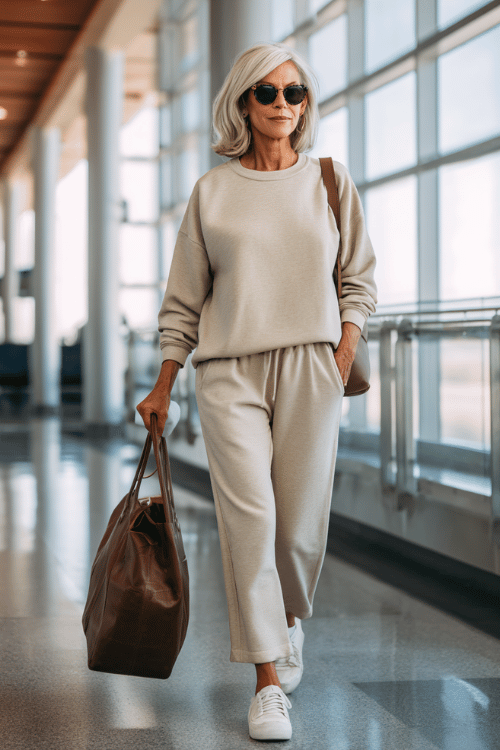 A stylish woman over 50 wearing a soft beige matching lounge set with a relaxed sweatshirt and wide-leg jogger pants, white sneakers, oversized sunglasses
