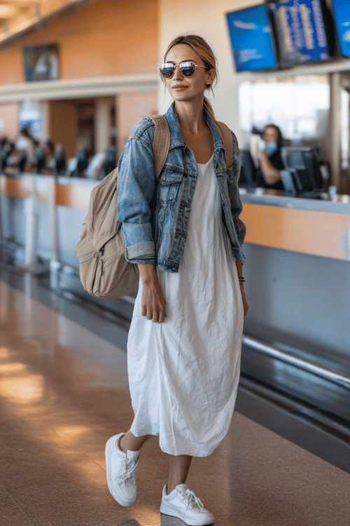 A trendy mature woman wearing a lightweight denim jacket over a white t-shirt dress with white sneakers, oversized sunglasses