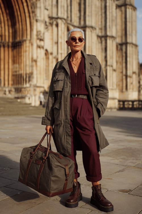 A utility-style trench coat layered over a deep burgundy outfit creates a chic travel look with a slightly edgy feel. Chunky lace-up boots, tinted sunglasses, and a large duffle bag