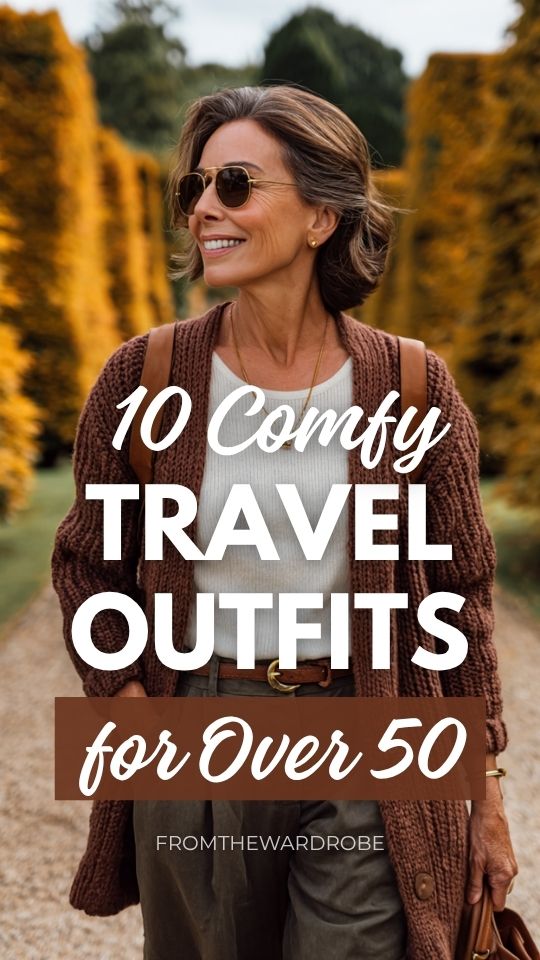 A woman over 50 wears a comfortable travel outfit with a chunky rust cardigan layered over a cream knit top and dark pants