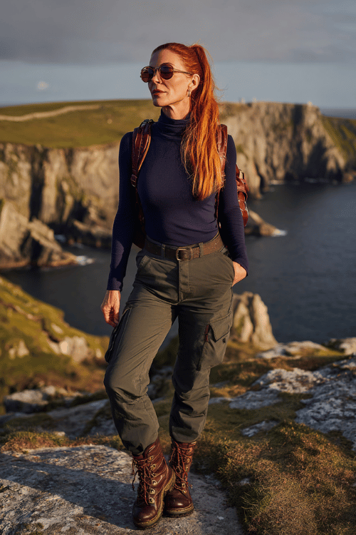 Adventure travel outfit with a fitted navy turtleneck sweater, olive cargo pants, hiking boots, and oversized sunglasses for a sporty yet polished outdoor look 