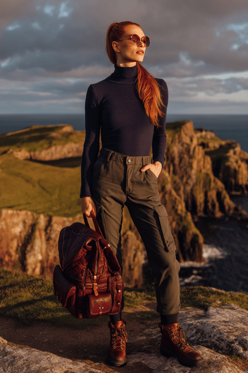 Adventure travel outfit with a fitted navy turtleneck sweater, olive cargo pants, hiking boots, and oversized sunglasses for a sporty yet polished outdoor look