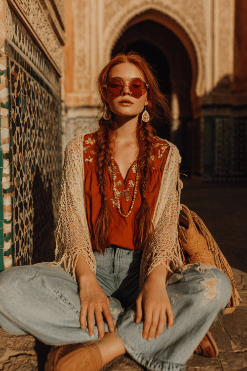 Boho travel outfit with a rust embroidered blouse, distressed light-wash jeans, crochet fringe cardigan, layered beaded necklaces, round sunglasses