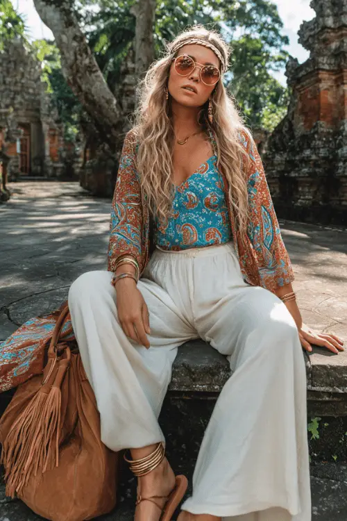 Boho traveler outfit with a turquoise paisley top, flowy white pants, printed kimono, fringe leather bag, and sandals at a tropical temple ruin