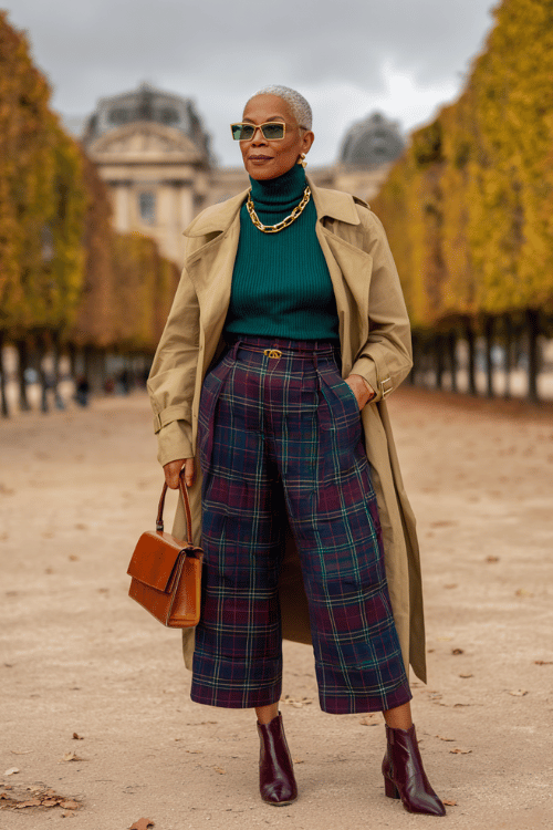 Bold fall travel outfit with a teal ribbed turtleneck sweater, plaid cropped trousers, and a classic beige trench coat for a stylish European-inspired look