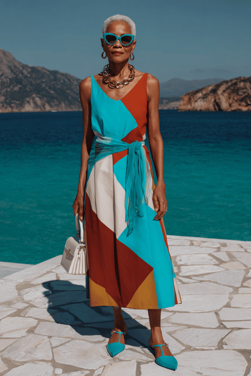 Bold resort outfit for women over 50 featuring a sleeveless geometric-print midi dress in turquoise, rust, mustard, and ivory tones