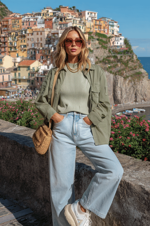 Casual European travel outfit with a sage green utility jacket, ribbed knit top, light-wash wide-leg jeans, chunky white sneakers, oversized sunglasses