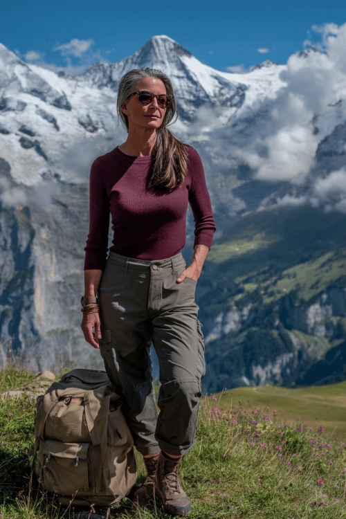 Casual hiking travel outfit for women over 50 featuring a burgundy fitted knit sweater with utility cargo pants 