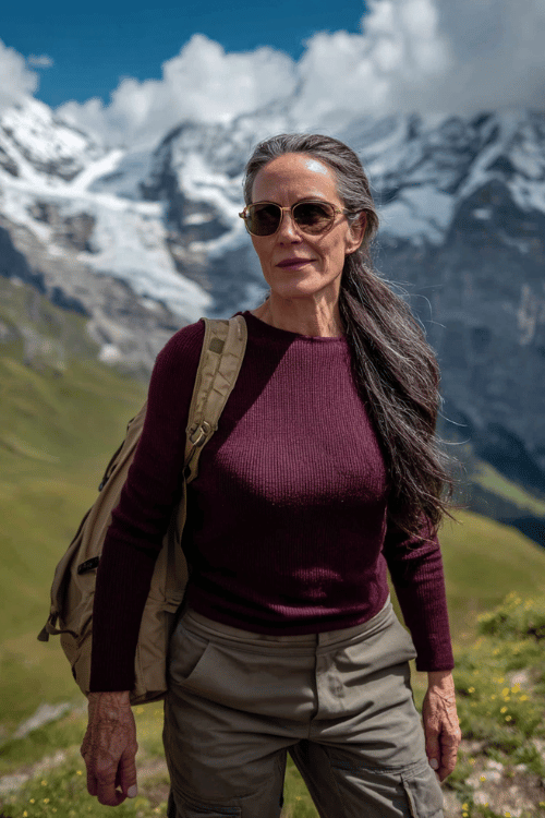 Casual hiking travel outfit for women over 50 featuring a burgundy fitted knit sweater with utility cargo pants