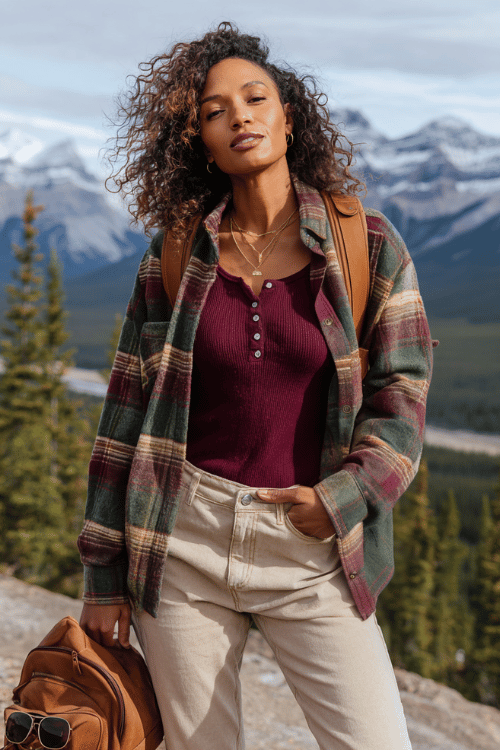 Casual mountain travel outfit with a burgundy ribbed henley top, plaid flannel overshirt, beige straight-leg pants, layered gold necklaces, and a brown backpack against a scenic alpine backdrop