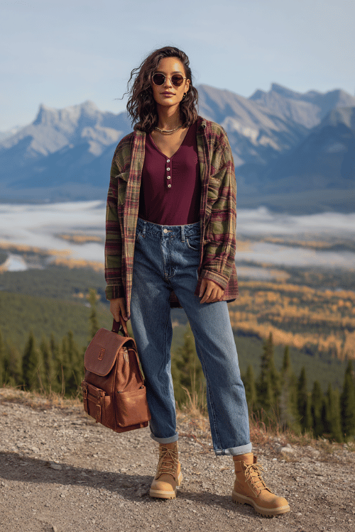 Casual mountain travel outfit with a plaid overshirt, burgundy henley top, cuffed jeans, hiking boots, and leather backpack overlooking a scenic alpine landscape