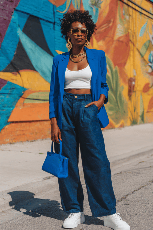 Casual street style outfit with a royal blue blazer, white crop top, wide leg jeans, white sneakers, and matching blue handbag in front of a colorful mural 