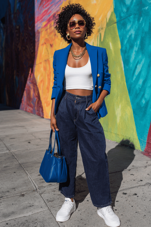 Casual street style outfit with a royal blue blazer, white crop top, wide leg jeans, white sneakers, and matching blue handbag in front of a colorful mural