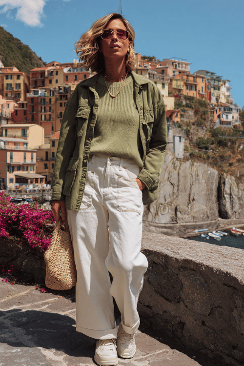 Casual travel outfit with an olive green utility jacket, knit sweater, white wide leg pants, and sneakers overlooking a colorful coastal village in Italy