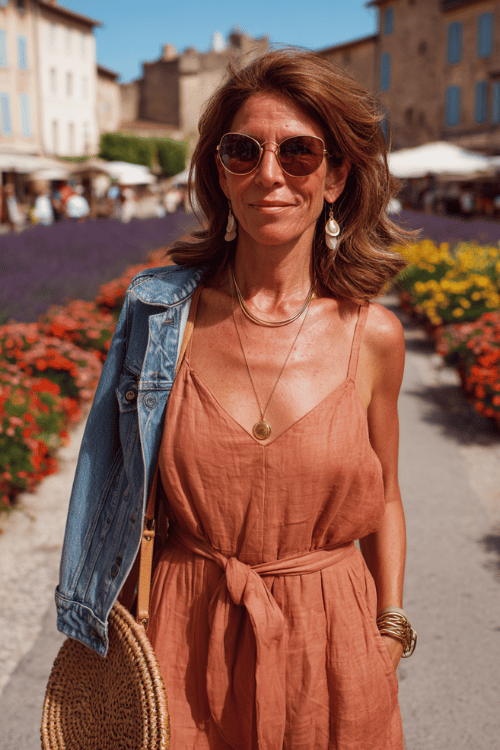 Chic European summer outfit for women over 50 featuring a dusty rose sleeveless wrap dress with a tied waist
