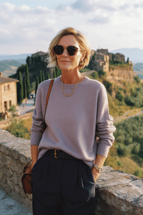 Chic casual outfit for women over 50 featuring a soft blush knit sweater tucked into navy tailored trousers, styled with layered gold necklaces