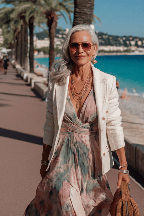 Chic coastal vacation outfit for women over 50 featuring a flowing watercolor-print maxi dress layered with a white linen blazer, styled with oversized tinted sunglasses