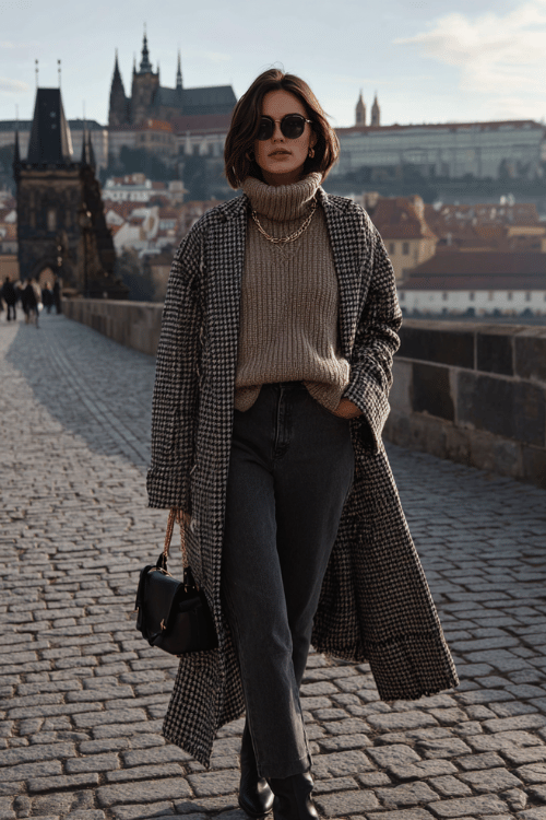 Chic fall travel outfit with a houndstooth long coat, chunky turtleneck sweater, black jeans, ankle boots, and sunglasses on a historic European bridge