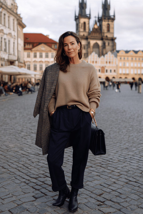 Classic European travel outfit with a soft beige knit sweater styled with tailored black trousers, sleek ankle boots, and a structured black handbag for an effortlessly polished city look
