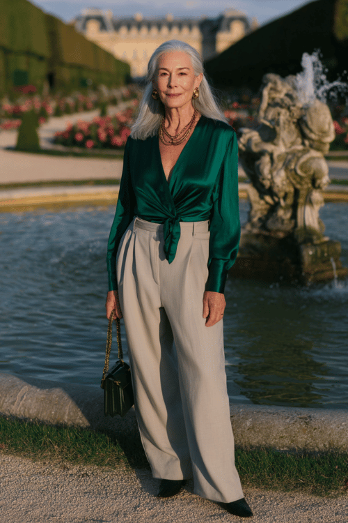 Classy elegant outfit for women over 50 featuring an emerald green draped satin blouse paired with high-waisted gray pleated trousers 