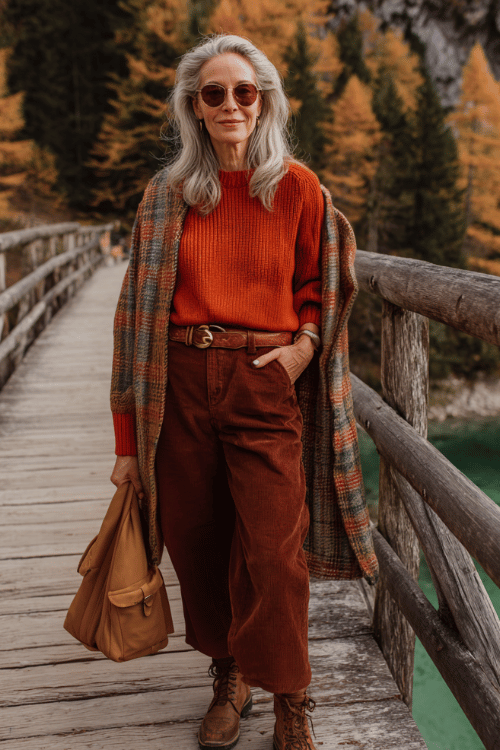 Cozy autumn travel outfit with a chunky rust knit sweater styled with brown corduroy trousers, lace-up leather boots, and a plaid blanket scarf for a warm layered look