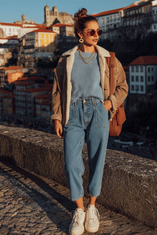 Cozy casual travel outfit with a light blue knit sweater, relaxed high-waisted jeans, shearling-lined jacket, chunky white sneakers, layered gold jewelry
