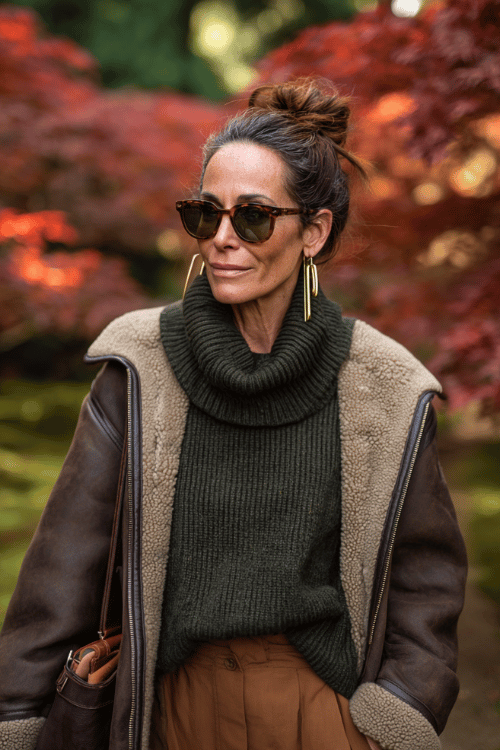 Cozy fall travel outfit with a chunky dark olive turtleneck sweater layered under a shearling-lined leather jacket and styled with camel wide-leg trousers