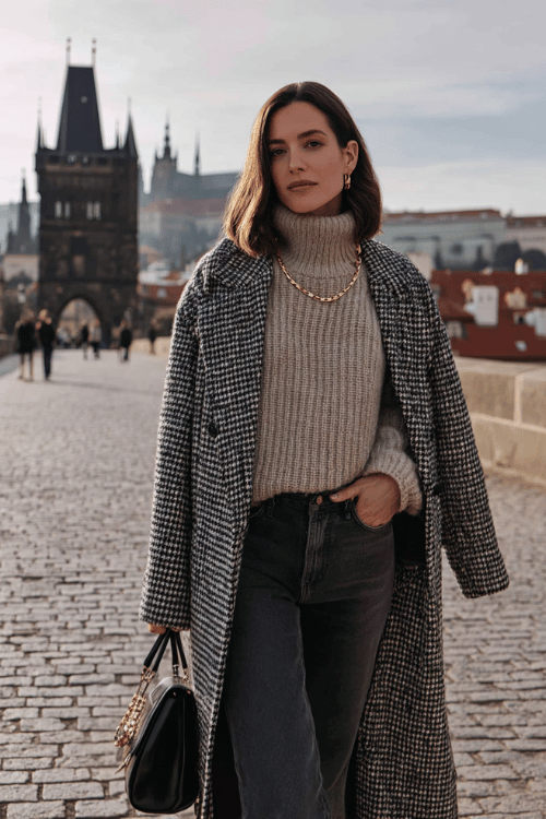 Cozy winter travel outfit with a chunky beige turtleneck sweater, black straight-leg jeans, and a long houndstooth coat styled with a black handbag on a European cobblestone street