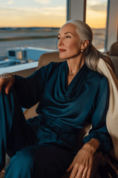Elegant airport lounge outfit for women over 50 featuring a deep teal satin draped blouse with matching relaxed trousers
