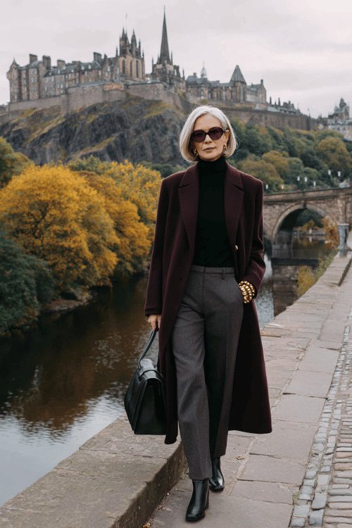 Elegant cold-weather travel outfit for women over 50 featuring a long deep plum wool coat layered over a black turtleneck sweater, tailored charcoal trousers