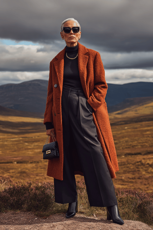 Elegant cold-weather travel outfit with a textured rust wool coat layered over a black turtleneck and tailored wide-leg trousers for a sleek 