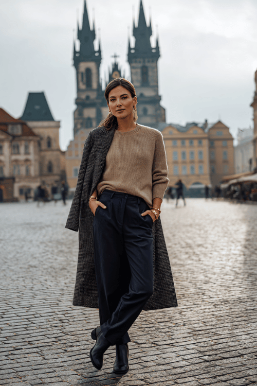 Elegant cold-weather travel outfit with a textured rust wool coat layered over a black turtleneck and tailored wide-leg trousers for a sleek, sophisticated look