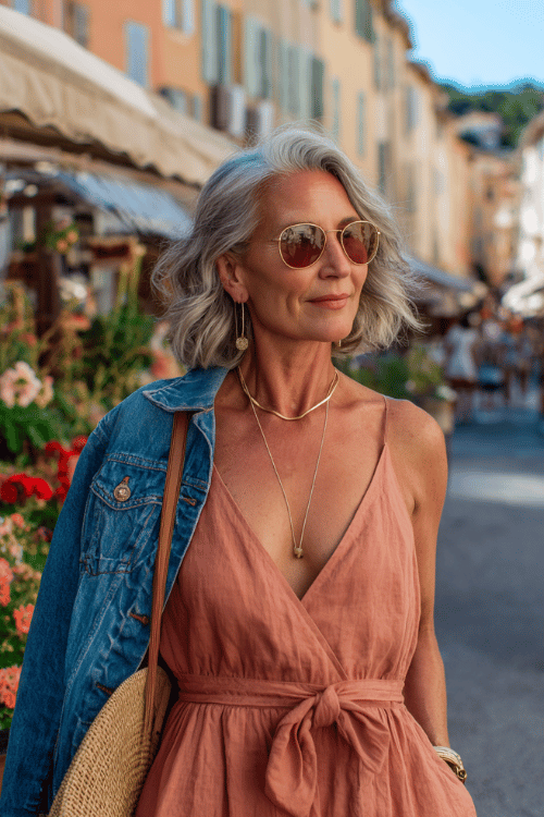 Elegant evening cruise outfit for women over 50 featuring a navy satin maxi dress with a gathered waist and deep V-neckline 