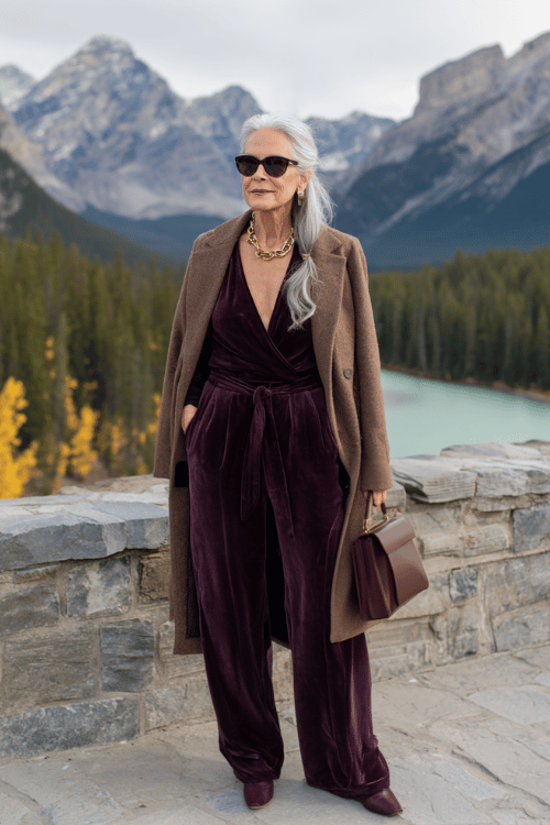 Elegant mountain travel outfit with a deep plum velvet jumpsuit layered under a tailored brown wool coat for a rich and sophisticated cold-weather look 