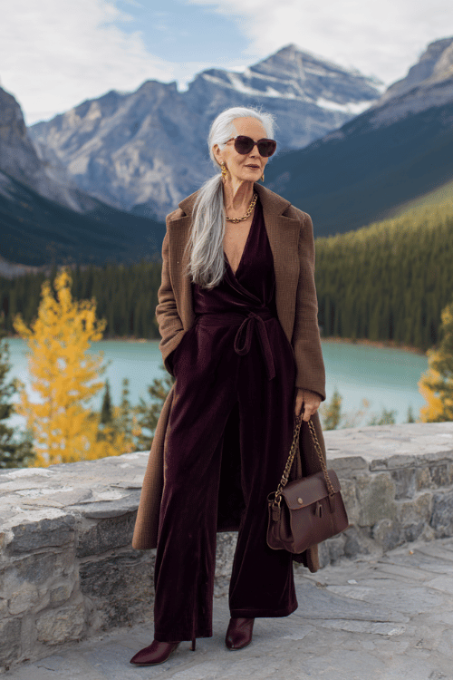 Elegant mountain travel outfit with a deep plum velvet jumpsuit layered under a tailored brown wool coat for a rich and sophisticated cold-weather look