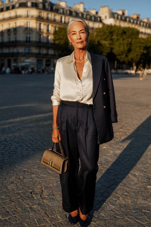Elegant over-50 Paris-inspired outfit with a silky ivory button-up blouse, navy wide-leg cropped trousers, navy blazer with gold buttons draped over the shoulders
